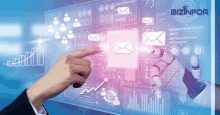 a hand pointing at an envelope on a screen that says bizinform