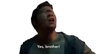 a man in a blue shirt says yes brother in front of a white background