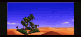 a cartoon scene of a desert with palm trees and a blue sky