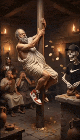 a painting of a man climbing a pole with a skeleton wearing a nike shirt behind him