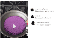 a purple pancake is being cooked in a pan