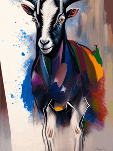 a colorful painting of a goat with a signature on the bottom left