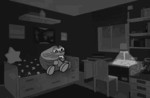 a cartoon character is sitting on a bed in a dark bedroom