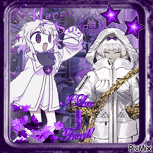 a picture of two anime characters with purple flowers and the words happy sunday friends