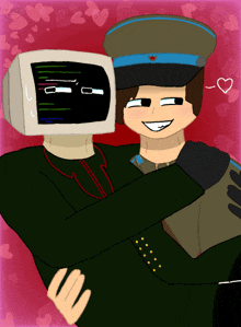 a drawing of a man hugging another man with a computer monitor on his head