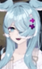 a girl with long blue hair and purple flowers in her hair