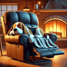 a dog is sleeping on a recliner in front of a fireplace