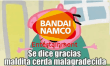 a cartoon of peppa pig with a bandai namco logo on it