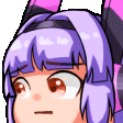 a close up of a cartoon girl with purple hair and ears .