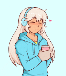 a drawing of a girl wearing ear muffs and holding a cup