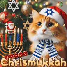 a cat wearing a santa hat and scarf with the words happy chrismukkah