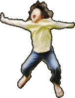 a little girl in a yellow shirt and blue jeans is jumping in the air