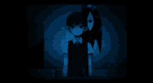 a cartoon of a boy and a girl in a dark room