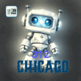 a white robot with blue eyes and the words 312 chicago on the bottom