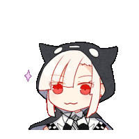 a girl with white hair and red eyes is wearing a black cat hoodie