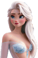 a close up of a cartoon character with long white hair and blue eyes