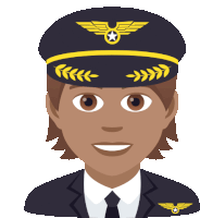 a cartoon illustration of a pilot wearing a hat with wings and laurel wreaths