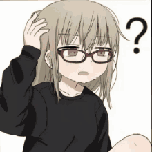 a girl wearing glasses is scratching her head and has a question mark above her head