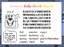 a monster kidz word search puzzle with ice-e written at the top