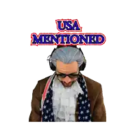 a man in an american costume is surrounded by american flags and a sign that says usa mentioned