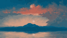 a painting of a sunset over a lake with a mountain in the foreground