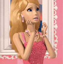 a barbie doll in a pink dress is standing in front of a mirror