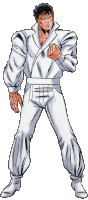 a man in a white suit is standing with his fist up