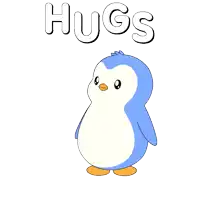 a pink and blue penguin hugging each other with the word hugs above them