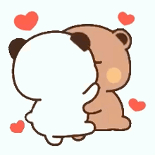 a panda and a teddy bear are hugging each other with hearts around them .