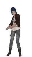 a girl with blue hair and a skull shirt dancing