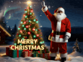 a merry christmas greeting card with santa and a christmas tree in the background
