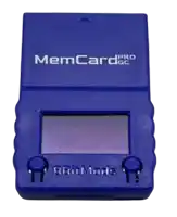a blue memcard pro device with a purple screen