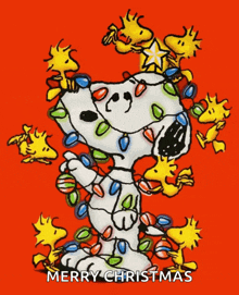 a cartoon of snoopy and woodstock with christmas lights and the words merry christmas