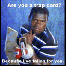 a man in a blue and white striped shirt is holding a sign that says are you a trap card