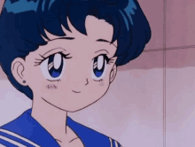 a close up of a cartoon girl with blue hair and blue eyes