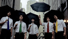 a group of men wearing ties and holding umbrellas in the rain