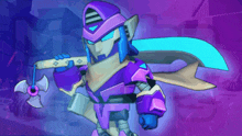 a purple robot with a sword and a purple background