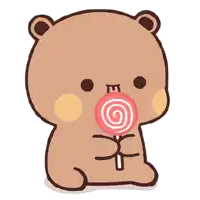 a cartoon bear is eating a lollipop with a spiral in its mouth