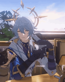 a blue haired anime character is holding a glass of wine