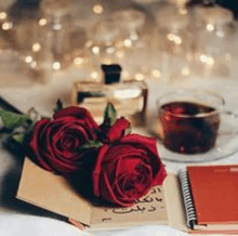 a bouquet of red roses is sitting on top of an open notebook on a table .