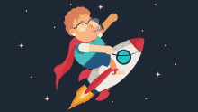 a man in a cape is riding a rocket