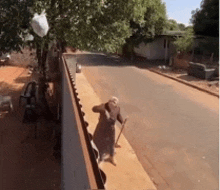 a man with a cane is walking down a sidewalk next to a fence .