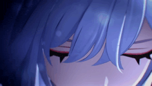 a close up of a person 's eyes with blue hair