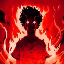 a drawing of a person with glowing eyes surrounded by flames .