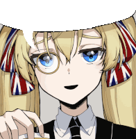 a girl with blonde hair and blue eyes is wearing a british flag ribbon