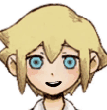 a drawing of a boy with blonde hair and blue eyes smiling .