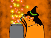 a cartoon of a witch stirring a cauldron with a wand