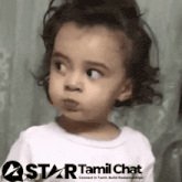 a little girl is making a funny face in front of a star tamil chat banner