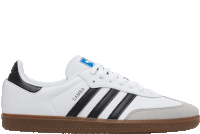 a pair of white and black adidas samba shoes with a brown sole