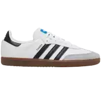 a pair of white and black adidas samba shoes with a brown sole